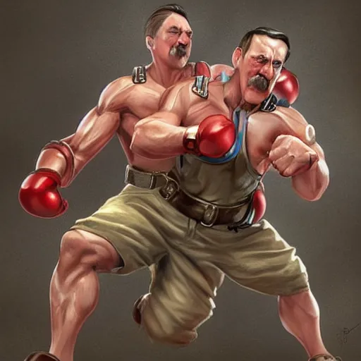 Image similar to Muscular adolf hitler fighting muscular Joseph stalin , digital art by Mandy Jurgens and Irina French and Heraldo Ortega , hyperdetailed, artstation, cgsociety