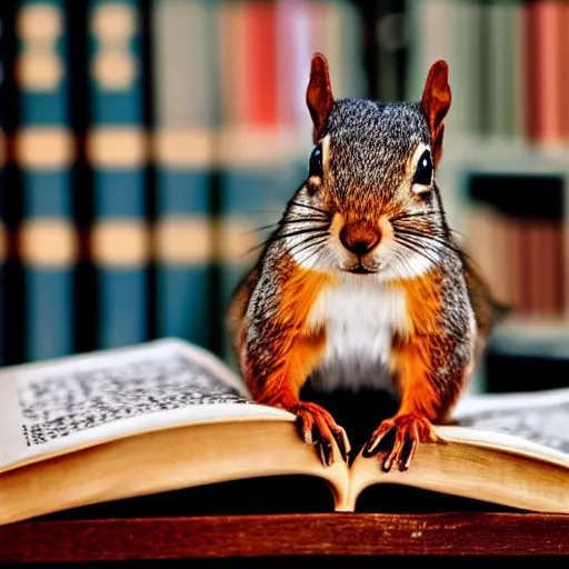 Image similar to photo - realistic picture of a squirrel holding a pen on top of a stack of books