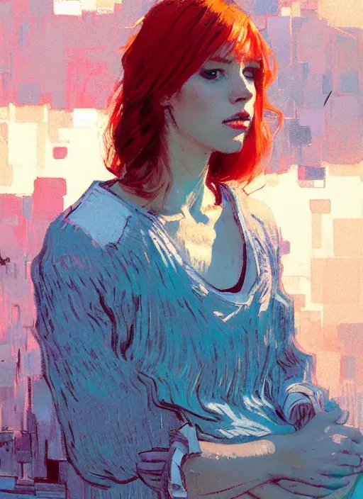 Image similar to portrait of a beautiful girl, redhead, shades of blue, beautiful face, rule of thirds, intricate outfit, spotlight, by greg rutkowski, by jeremy mann, by francoise nielly, by van gogh, digital painting