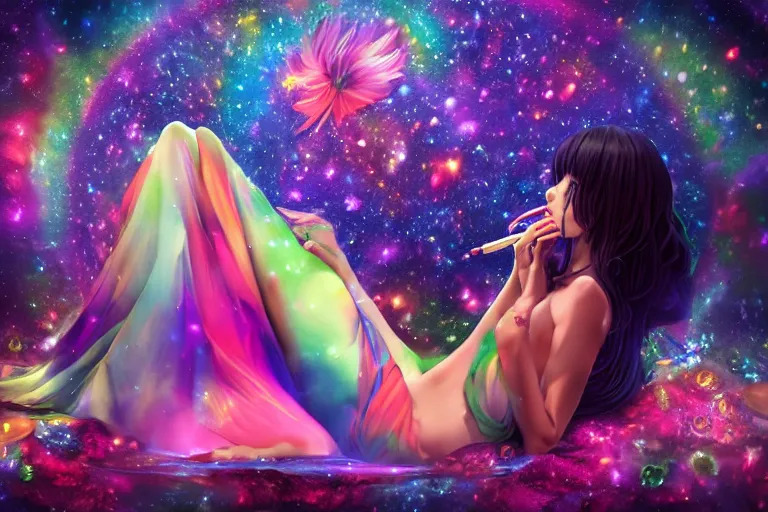 Image similar to psychedelic, whimsical, anime, 4k, beautiful lusty woman smoking weed, with professional makeup, long trippy hair, a crystal and flower dress, sitting on a reflective pool, surrounded by gems, underneath the stars, rainbow fireflies, trending on patreon, deviantart, twitter, artstation, volumetric lighting, heavy contrast, art style of Greg Rutkowski and Miho Hirano