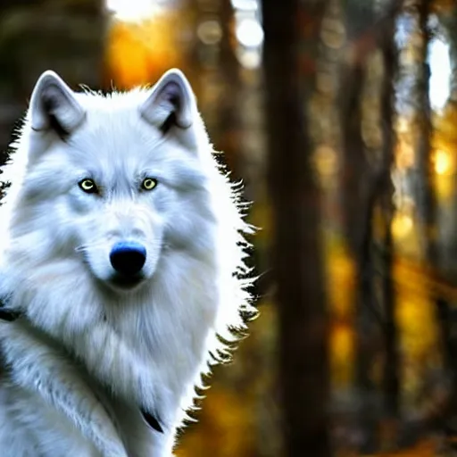 Prompt: a beautiful long - haired white wolf with blue eyes stands in a dormant autumn forest, no yellow color in eyes, no yellow color