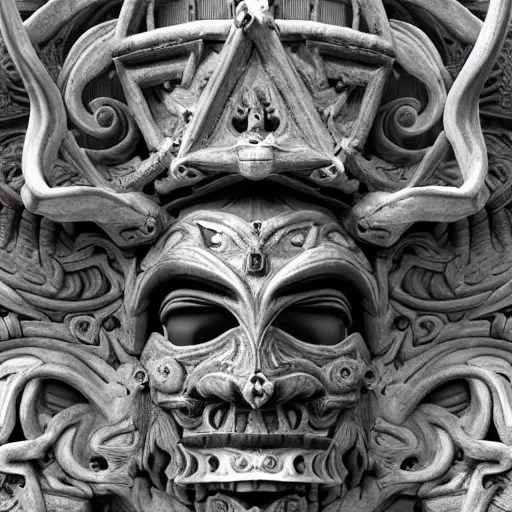 Image similar to an ominous dark ancient mask. hyper - detailed. gothic baroque. symmetric. epic. unreal render.