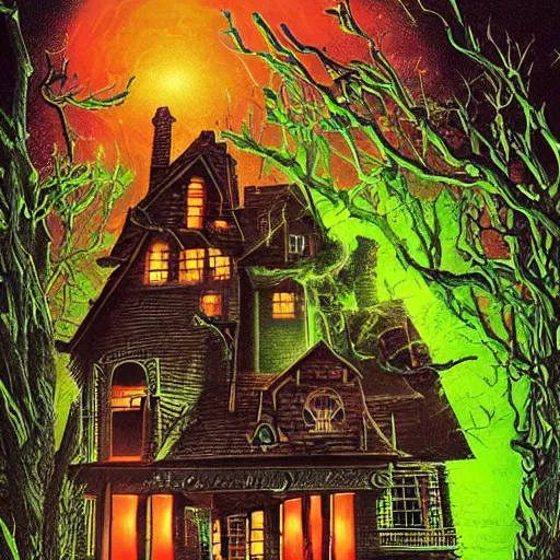 Image similar to goosebumps cover art of a haunted house house spilling with green ooze. highly detailed illustration. strong shadows. pulp horror art