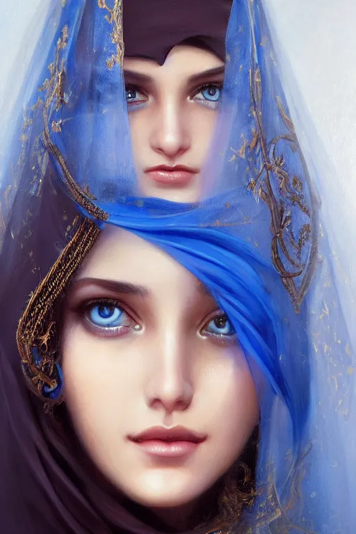 Image similar to arab ameera al taweel, bright blue eyes, long wavy black hair, white veil, front closeup, cinnamon skin color, elegant, highly detailed, centered, oil painting, artstation, concept art by tom bagshaw