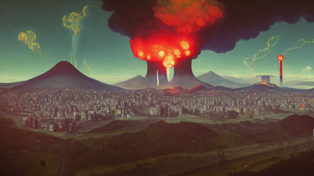 Image similar to Nuclear Fallout towering over the town of Quito by Simon Stålenhag and J.M.W. Turner, oil on canvas; Art Direction by Adam Adamowicz; 4K, 8K epic drone shots; Ultra-Realistic Depth Shading