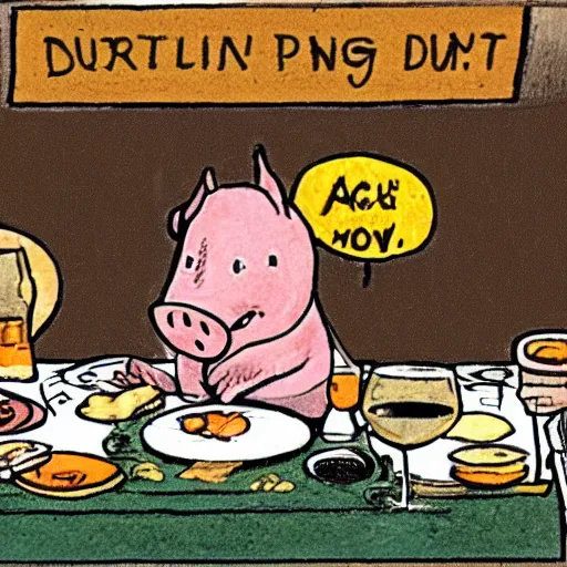 Image similar to a cartoon of a pig sitting at a table eating a human for dinner