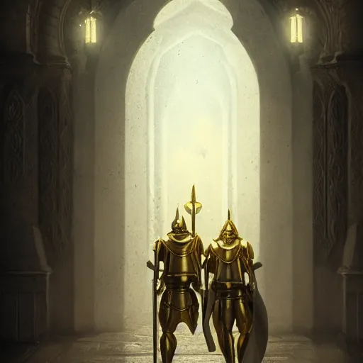 Image similar to 2 knights wearing gold armor guarding a door, artstation, volumetric lighting, exquisite detail, octane render, 8 k postprocessing, fantasy, medieval, highly detailed, art by greg rutkowski