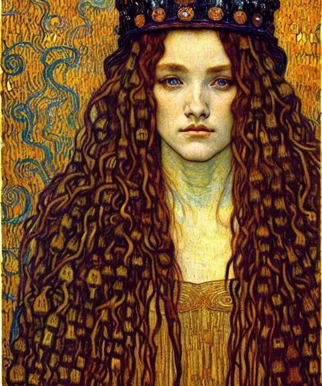 Image similar to detailed realistic beautiful young medieval queen face portrait by jean delville, gustav klimt and vincent van gogh, art nouveau, symbolist, visionary, gothic, pre - raphaelite, muted earthy colors, desaturated