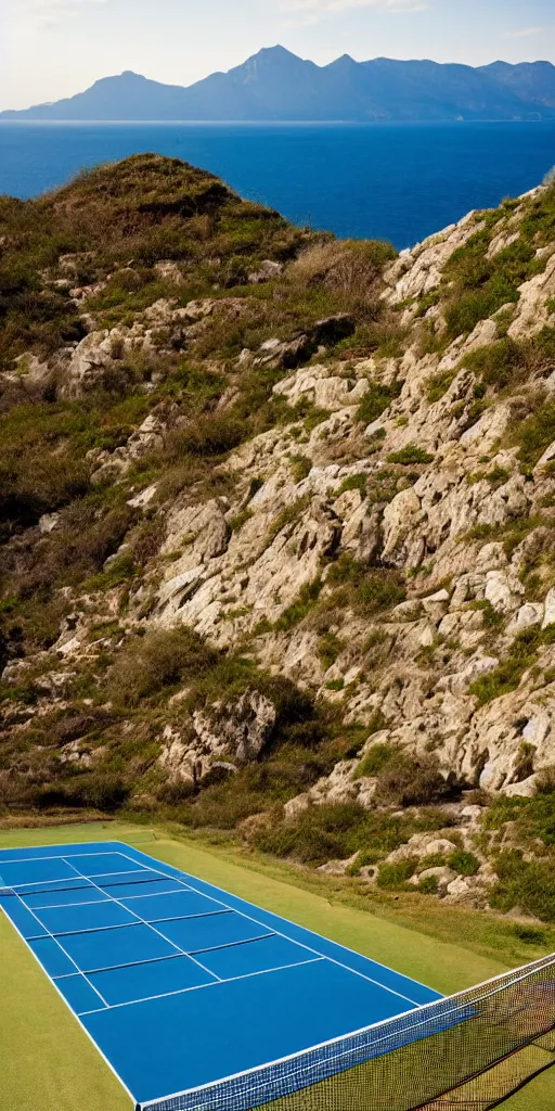 Image similar to Tennis court between mountains and sea. the style of National Geographic magazine