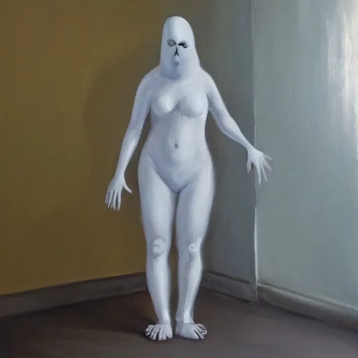 Image similar to a hyper realistic oil painting of a ghost standing at a corner being caught on the camera the ghost is looking at the camera while rising her foot 3 d