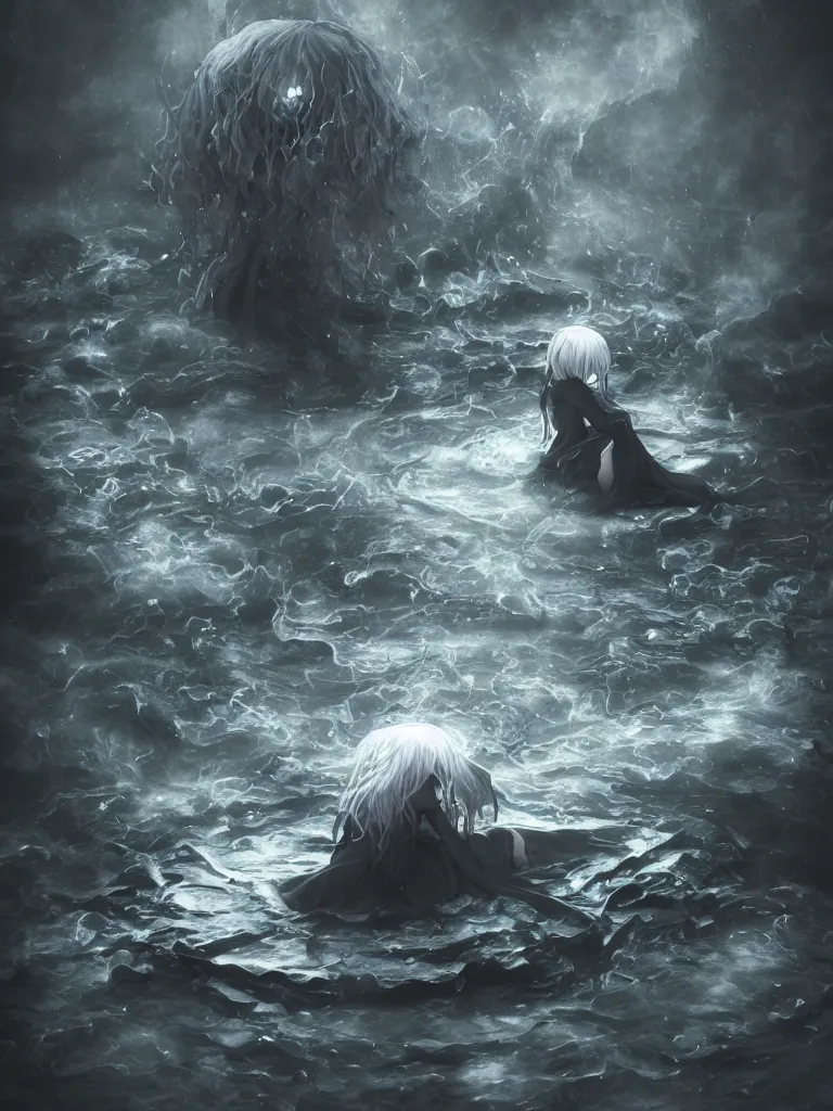 Image similar to cute fumo plush of a cursed frail witch girl sinking into an inky black reflective pond of blackness swirling with strange energetic fluid, volumetric smoke and fog, environment map reflective water, goth, vignette, vray