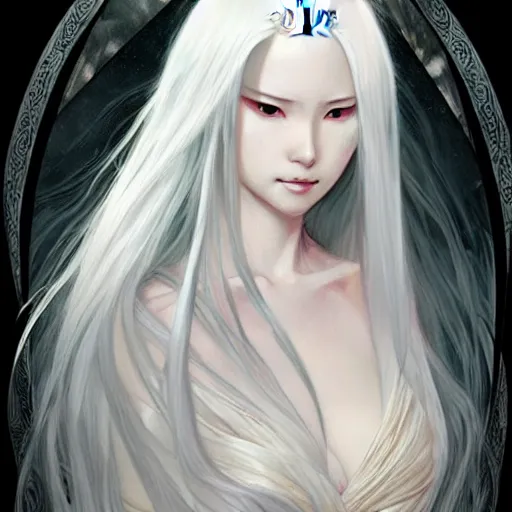 Image similar to Kaguya Ōtsutsuki from Naruto, long white hair, D&D, fantasy, intricate, elegant, highly detailed, digital painting, artstation, concept art, matte, sharp focus, illustration, art by Artgerm and Greg Rutkowski and Alphonse Mucha