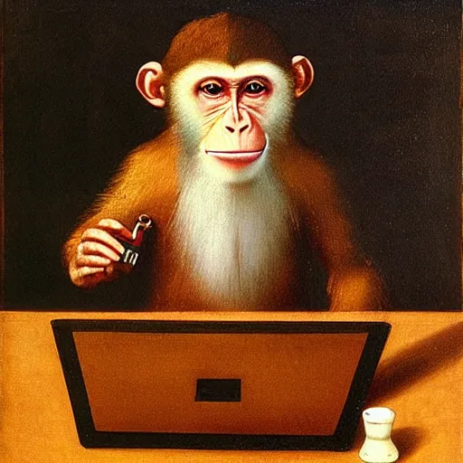 Image similar to Frustrated monkey sitting in front of computer and coding, bottle of rum is near the computer, Leonardo da Vinci painting