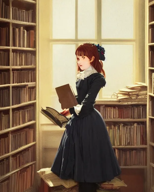 Prompt: a portrait of a victorian maid with long, flowing, auburn hair, detailed face, large eyes, happy, maid outfit, standing in a victorian reading room, window, short bookshelf, holding a stack of books, vivid colors, soft lighting, atmospheric, cinematic, moody, in the style of Ilya Kuvshinov and Range Murata, Krenz Cushart, oil on canvas, anime, 8K