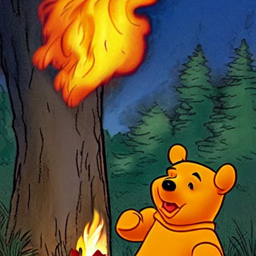 Image similar to winnie the pooh lighting a house on fire, in the style of winnie the pooh