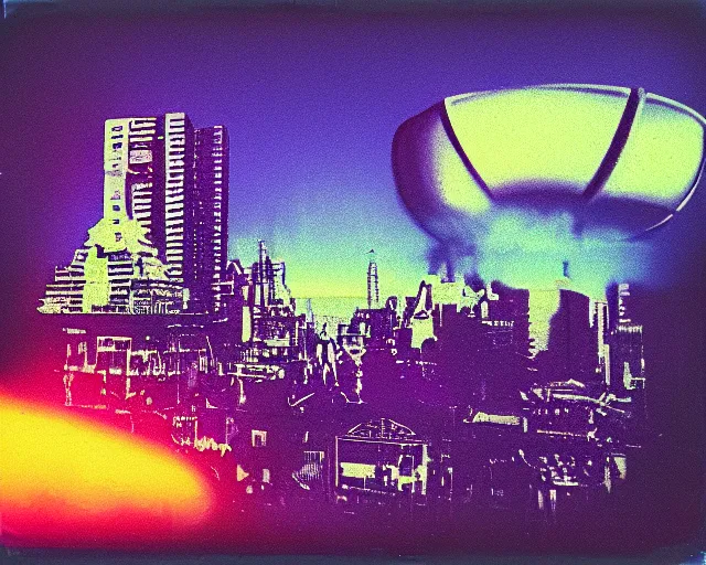 Image similar to sci - fi city, violet and yellow sunset, polaroid photo, whimsical and psychedelic, 1 9 6 0 s, grainy, expired film, glitched