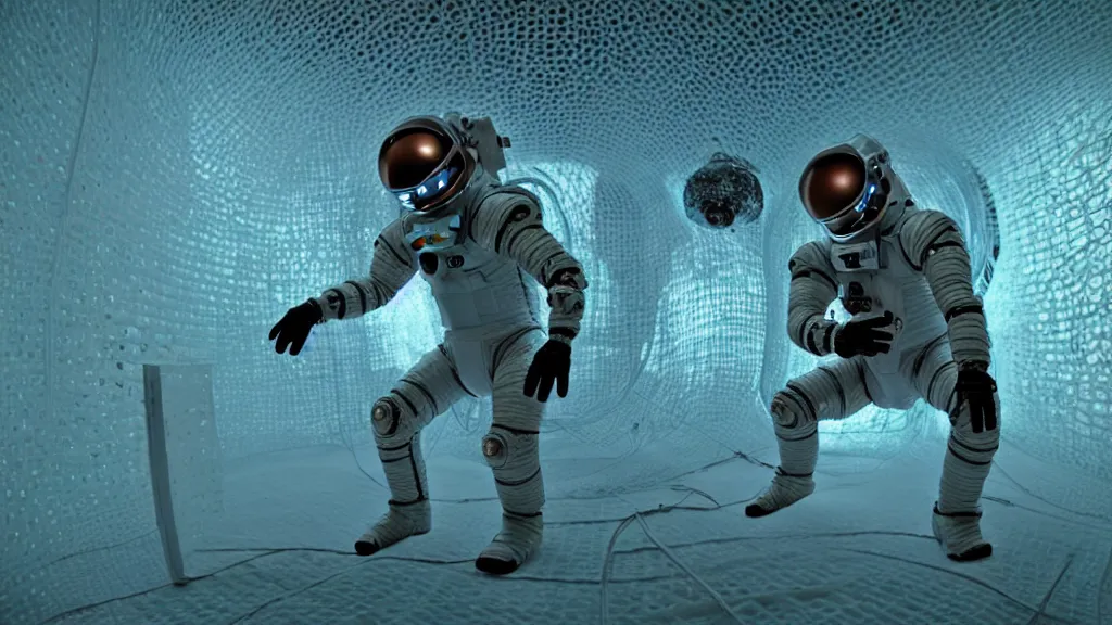 Image similar to a cybernetic symbiosis of a single astronaut eva suit made of wearing knitted yarn thread infected with diamond 3d fractal lace iridescent bubble 3d skin covered with insectoid compound eye camera lenses floats through the living room, film still from the movie directed by Denis Villeneuve with art direction by Salvador Dalí, wide lens,