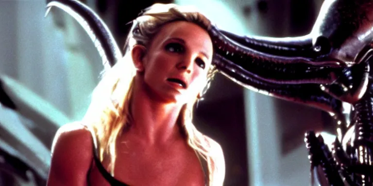 Image similar to film still of britney spears in Alien, xenomorph leaning upto her face, cinematic-shot, 4k