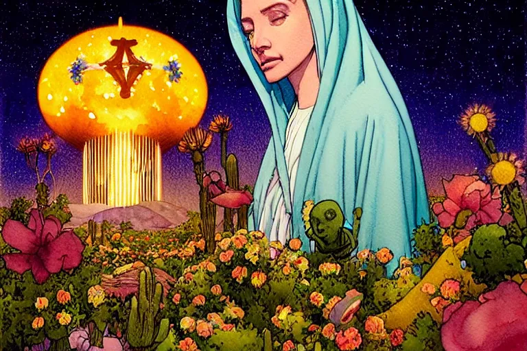 Prompt: a hyperrealist watercolour character concept art portrait of the blessed mother of guadalupe, glowing on well lit night in las vegas, nevada. there is a ufo in the background. desert elements. flowers adorn. beautiful gradients. by rebecca guay, michael kaluta, charles vess and jean moebius giraud