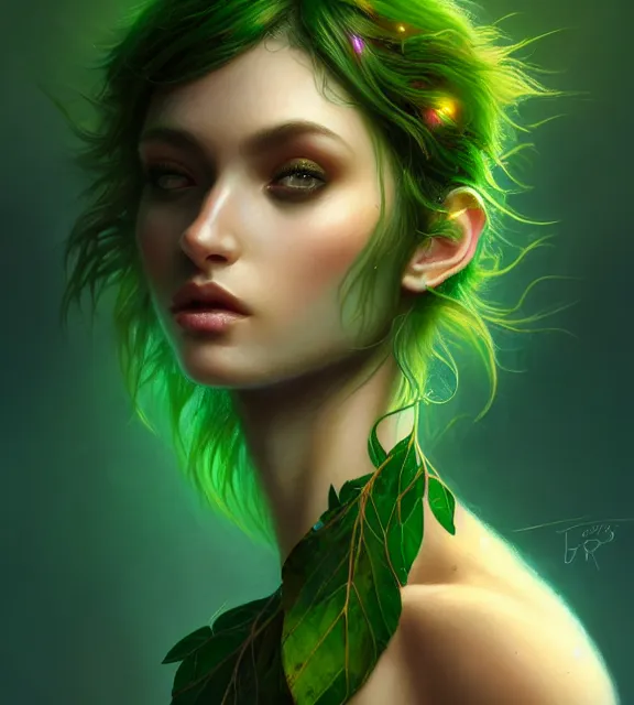 Prompt: beautiful female ent with bark skin wearing green leaf halter top, perfect face, dark green leaf hair, with abs, cinematic, blush, stunning, elegant, highly detailed, psychedelic, digital painting, artstation, smooth, hard focus, illustration, art by jessica rossier and and brian froud