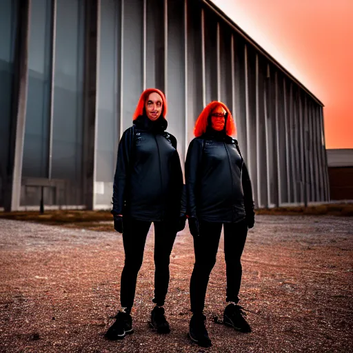 Image similar to photographic portrait of 2 techwear women in front of a brutalist metal building, on a desolate plain, red sky, sigma 8 5 mm f / 1. 4, 4 k, depth of field, high resolution, 4 k, 8 k, hd, full color