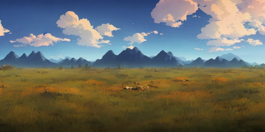 Image similar to an open prairie with mountains in the distance and clouds in the sky ， by makoto shinkai