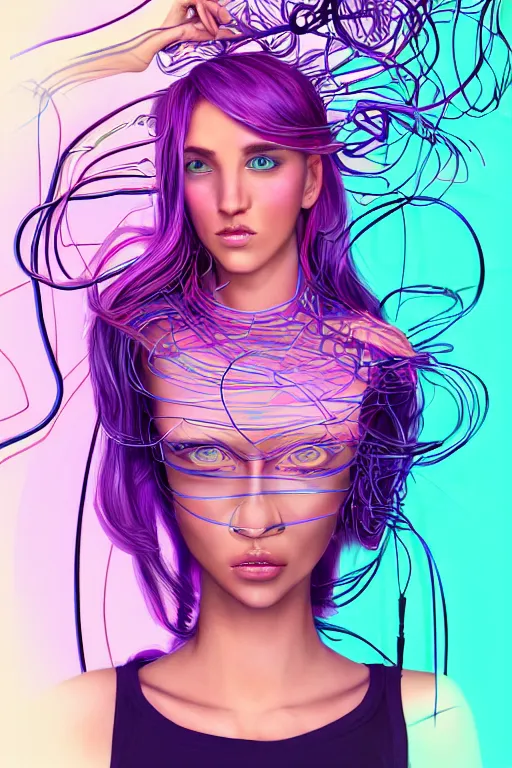 Image similar to a award winning half body portrait of a beautiful woman with stunning eyes in a croptop and cargo pants with ombre purple pink teal hairstyle and hands in pockets by thomas danthony, surrounded by whirling illuminated lines, outrun, vaporware, shaded flat illustration, digital art, trending on artstation, highly detailed, fine detail, intricate