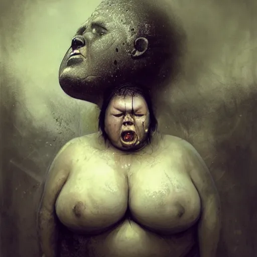 Image similar to portrait of the face of big fat old sumoringer as despair from sandman, venus of willendorf, by jeremy mann, by gregory crewdson, by bastien lecouffe deharme, by russ mills, sad face, topknot, black hair, mourning, black eyes, white room, soft lightning, high detailed, 8 k