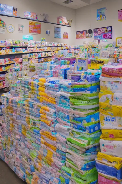 Prompt: Photograph of a Diaper Store overflowing with Diapers, photorealism, ultra detailed, 4k