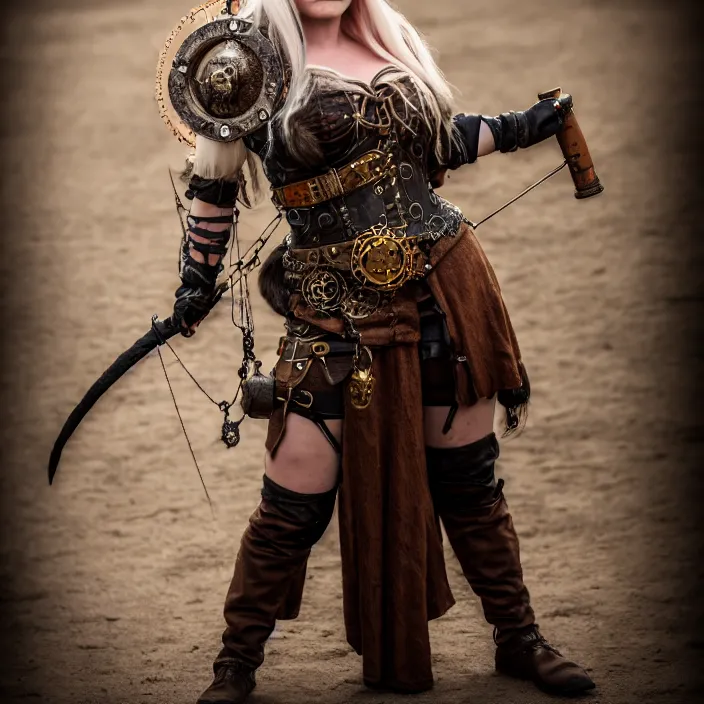 Prompt: full body photograph of a real-life female steampunk viking, Extremely detailed. 8k