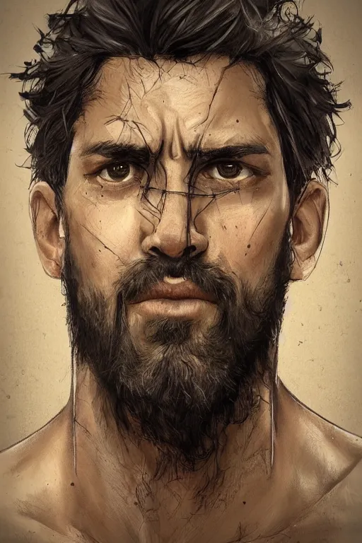 Prompt: very detailed portrait of a rugged man in his early thirties, strong jaw, ( ( deep black eyes ) ), ( ( ( latino features ) ) ), wearing a black!! t - shirt, earthy color scheme, by wlop and krenz cushart and artgerm, detailed eyes, starry background, trending, on artstation.