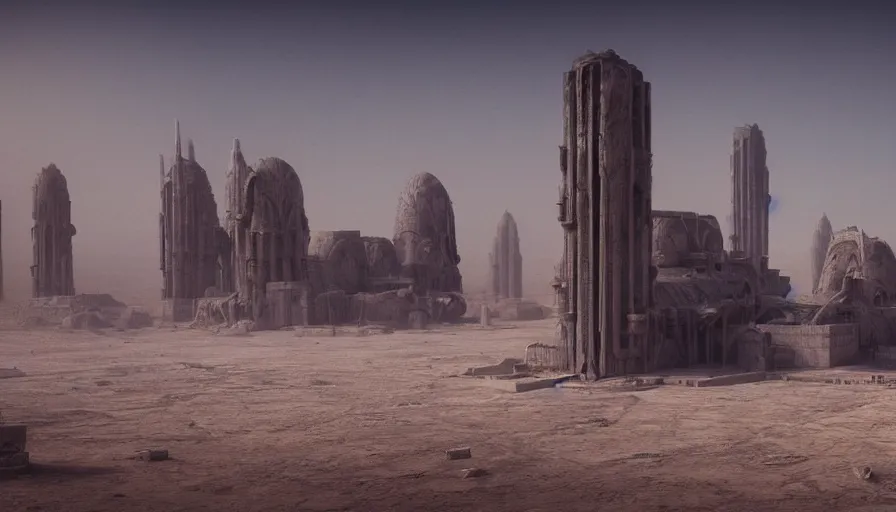 Image similar to mos eisley spaceport in a dust storm with skeletal temple buildings designed by hr giger, hyper realistic octane render, george lucas