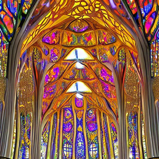 Image similar to visionary architecture by antoni gaudi, john stephens, alex gray, lisa frank