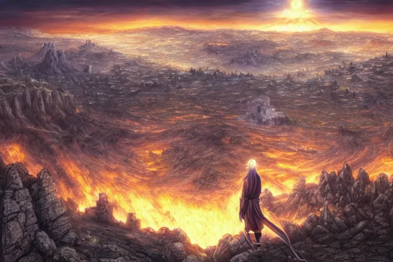 Prompt: an ultra detailed matte landscape painting of saladin as a shonen anime protagonist standing confidently on a cliff overlooking jerusalem with huge flaming longsword blessed by god, epic anime fantasy, 8 k, volumetric lighting, smooth, highly detailed, digital illustration, art by kentaro miura and akira toriyama and artgerm