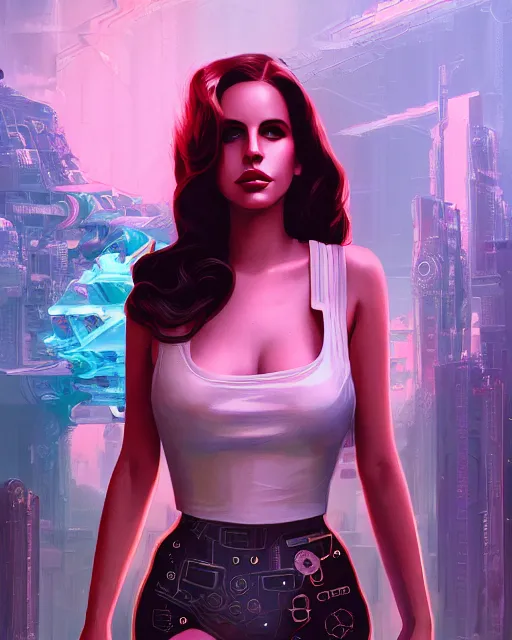 Image similar to portrait of lana del rey as a cyberpunk cyborg. roses, sci - fi, missing panels, intricate abstract, upper body, intricate artwork, by tooth wu, wlop, beeple, dan mumford. concept art, 8 k octane render, deviantart, greg rutkowski, cinematic, key art, hyperrealism, iridescent accents