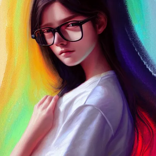 Prompt: colorful and festive captivating teenager feminine boy with straight long black hair, wearing round glasses and a white t - shirt. innocent look. rich vivid colors, ambient lighting, dynamic lighting, 4 k, atmospheric lighting, painted, intricate, highly detailed by charlie bowater