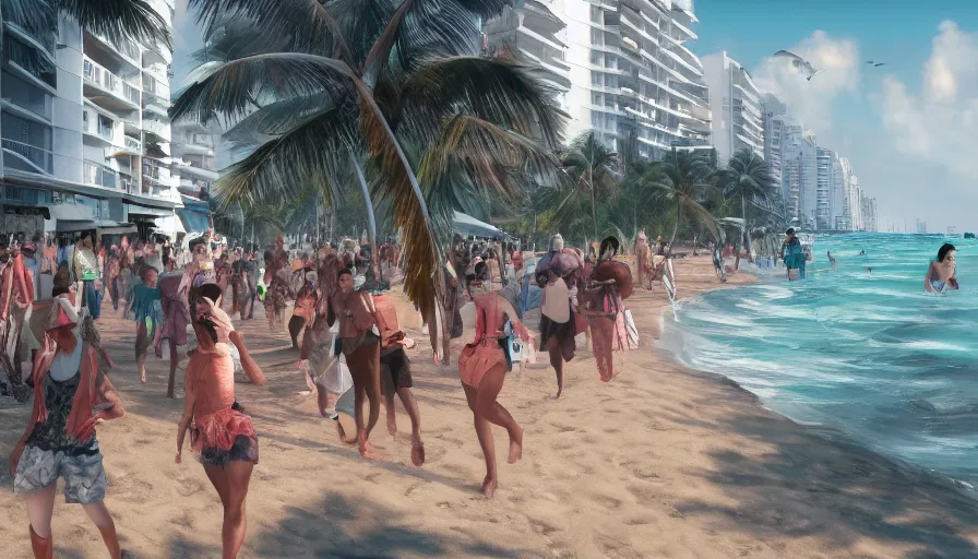 Prompt: people on miami beach fleeing after watching tsunami coming at them, hyperdetailed, artstation, cgsociety, 8 k