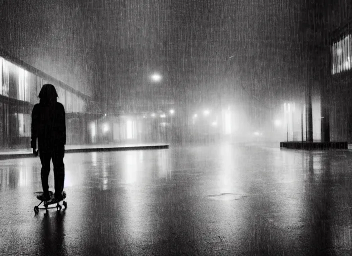 Prompt: a silhouetted person with long, flowing hair skateboards through an empty brutalist city in the rain, colored gel lighting, reflective surfaces, midnight, portra, film grain, high contrast, hyperdetailed, chromatic aberration, reminiscent of blade runner, dynamic pose