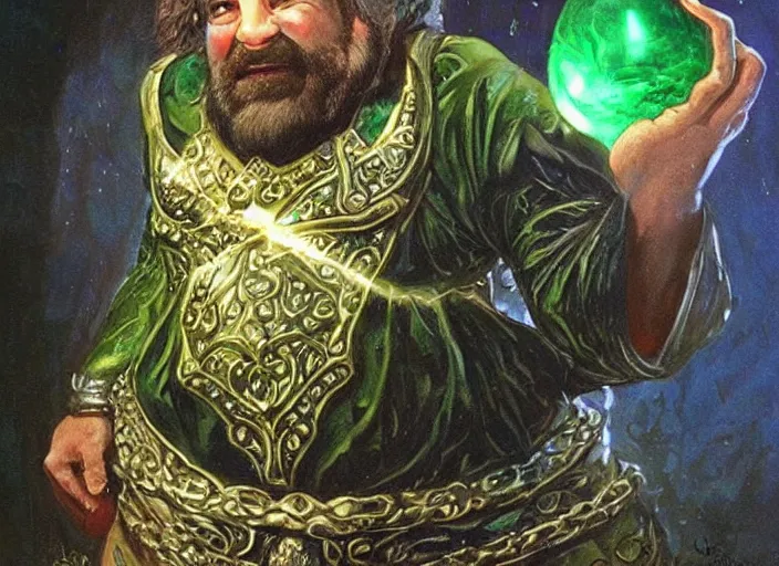 Image similar to a dwarven jeweler holding a gigantic glowing emerald. dramatic lighting. high fantasy art ( 1 9 8 7 )