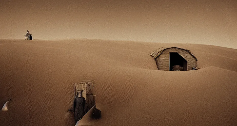 Prompt: IKEA catalogue photo of a farm house kitchen, sand dunes, a sad figure, by Beksinski