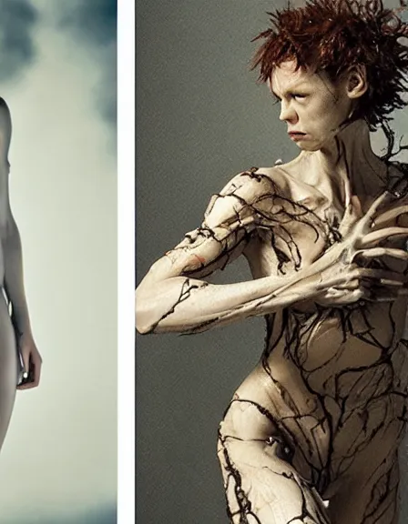 Image similar to still frame from Prometheus movie by Makoto Aida, hybrid dryad by Iris van Herpen painted by Caravaggio and by Yoshitaka Amano by Yumihiko Amano by Makoto Aida