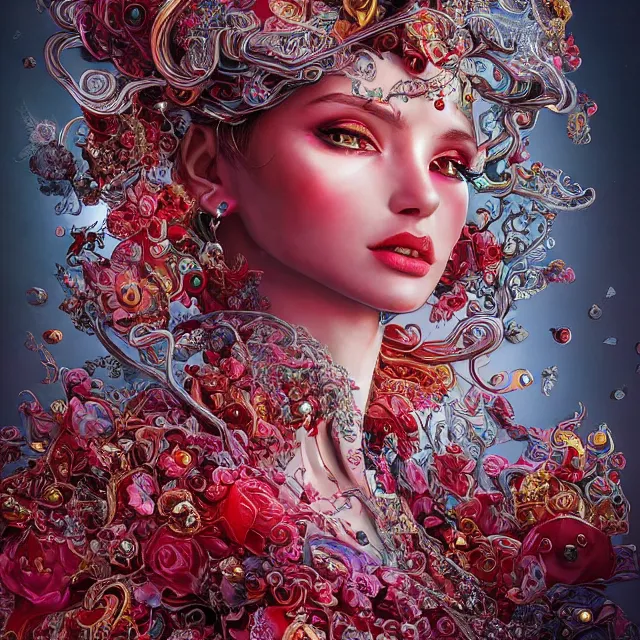 Image similar to an absurdly beautiful, elegant, young hypercolorful woman made of rubies and red gems, ultrafine hyperrealistic detailed face illustration by kim jung gi, irakli nadar, intricate linework, sharp focus, bright colors, matte, octopath traveler, final fantasy, unreal engine highly rendered, global illumination, radiant light, intricate environment