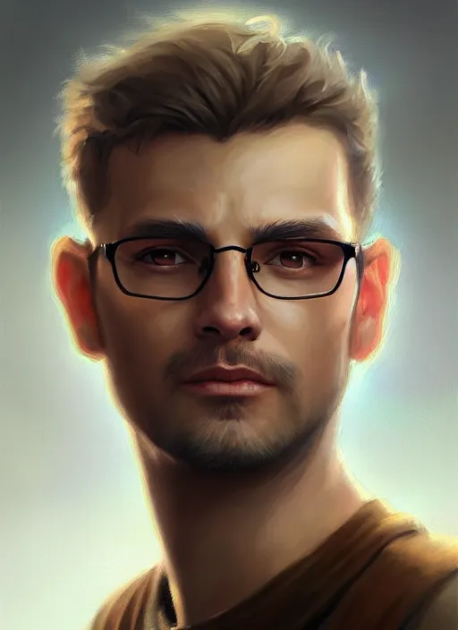 Prompt: a _ fantasy _ style _ portrait _ painting _ of caucasian male short hair glasses stubble light brown hair, rpg dnd oil _ painting _ unreal _ 5 _ daz. _ rpg _ portrait _ extremely _ detailed _ artgerm _ greg _ rutkowski _ greg