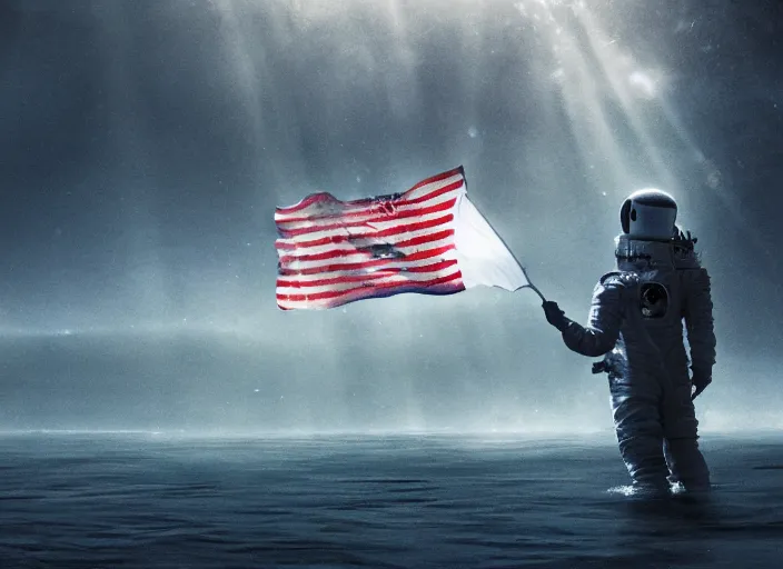 Image similar to astronaut holding a flag in an underwater desert. a submarine is visible in the distance. dark, concept art, cinematic, dramatic, atmospheric, 8 k, trending on artstation, blue, fish, low visibility, fog, ocean floor, christopher nolan, interstellar