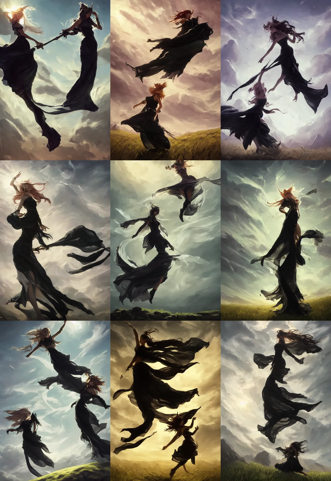 Prompt: league of legends and warframe art, single levitating girl in black white maxi dresses between clouds above green fields in sunset light, cloth on the wind, close up portrait, elegant, intricate, digital painting, artstation, concept art, golden hour, epic composition, smooth, sharp focus, illustration, art by ed mell and Daniel F. Gerhartz and Jacek Malczewski and gustav klimt, Tibor Nagy