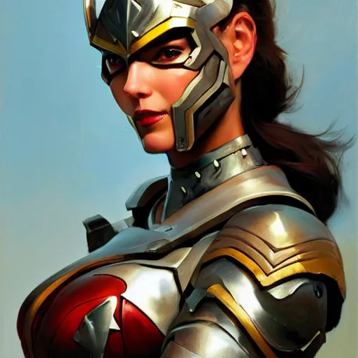 Image similar to greg manchess portrait painting of armored wonderwoman as overwatch character, medium shot, asymmetrical, profile picture, organic painting, sunny day, matte painting, bold shapes, hard edges, street art, trending on artstation, by huang guangjian and gil elvgren and sachin teng