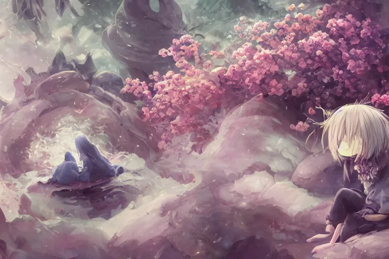 Image similar to dynamic composition, motion, ultra - detailed, incredibly detailed, a lot of details, amazing fine details and brush strokes, colorful and grayish palette, smooth, hd semirealistic anime cg concept art digital painting, watercolor oil painting of sea of flowers, no face, in style of cytus and deemo, blue flame, relaxing, calm and mysterious vibes
