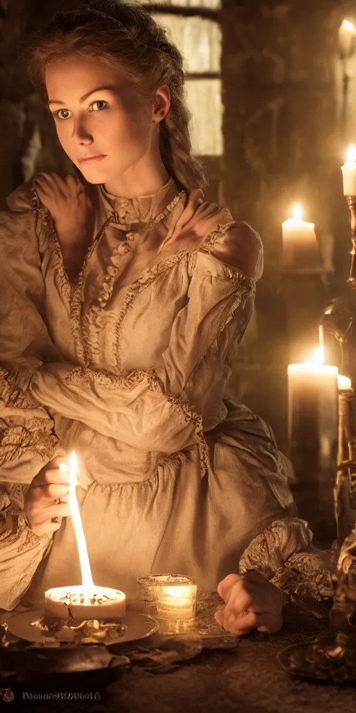 Image similar to young attractive beautiful scandinavian woman wearing 1 8 th century stay in a medieval tavern at night with candles, wow 4 k detail fantasy, matte painting, realistic materials, photo realistic, postprocessing, cinematic, hyperrealistic, studio lighting, ekaterina, the tudors, photography by richard jenkins