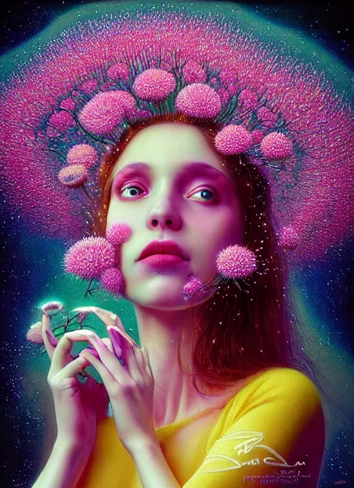 Image similar to hyper detailed 3d render like a Oil painting - Aurora (Singer) looking adorable and seen joyfully Eating of the Strangling network of yellowcake aerochrome and milky Fruit and Her delicate Hands hold of gossamer polyp blossoms bring iridescent fungal flowers whose spores black the foolish stars to her adorable smirking mouth by Jacek Yerka, Mariusz Lewandowski, Houdini algorithmic generative render, Abstract brush strokes, Masterpiece, Edward Hopper and James Gilleard, Zdzislaw Beksinski, Mark Ryden, Wolfgang Lettl, hints of Yayoi Kasuma, octane render, 8k