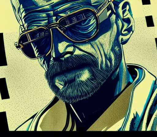 Prompt: hyper detailed comic illustration of a cyberpunk Walter White wearing a futuristic sunglasses and a gorpcore jacket, markings on his face, by Eng Kilian, intricate details, vibrant, solid background